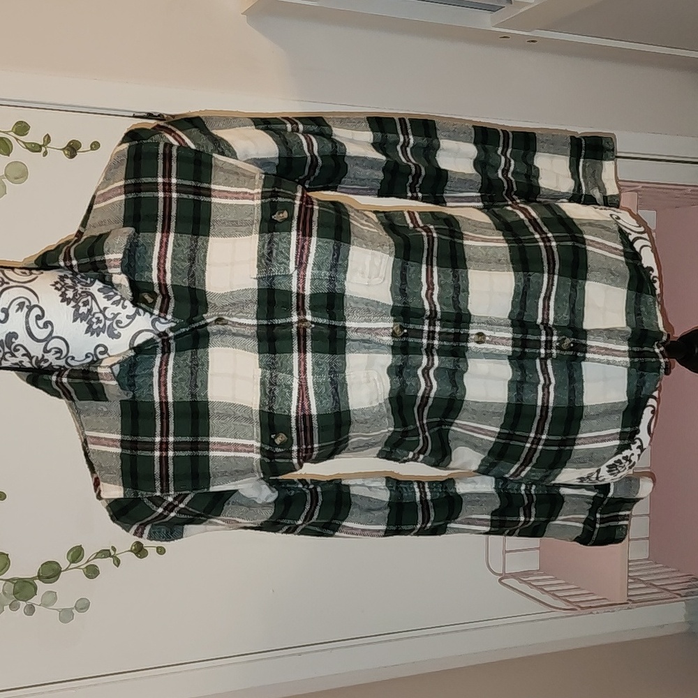 American Eagle Plaid Button Down White Green Women Xxs Fall Soft